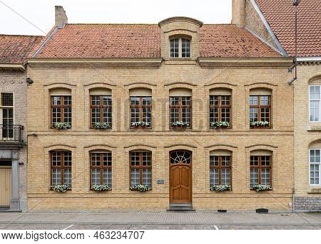 Veurne, West Flanders Region - Belgium - 07 18 2021 Rectanguar Facade Of A Neo Classical Building