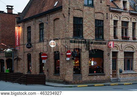 Ieper, West Flanders Region - Belgium - 07 15 2021 Traditional Cafe Facade In The Historical City Ce