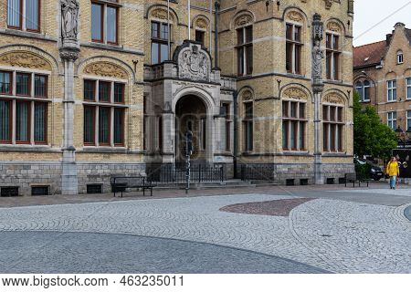Ieper, West Flanders Region - Belgium - 07 15 2021 Facade Of The City Hall At The Main Market Square