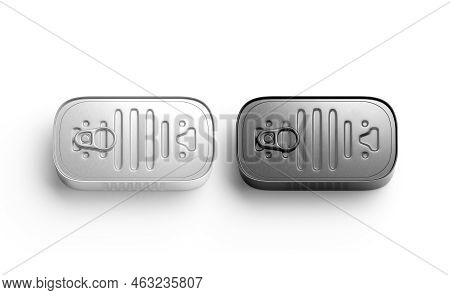 Blank White And Black Aluminum Sardine Conserve Can Mockup, Isolated, 3d Rendering. Empty Salted Sea
