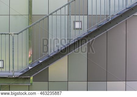 Dilbeek, Flemish Brabant Region, Belgium - 7 2 2021- Abstract Colors And Lines From The Facade Of A 