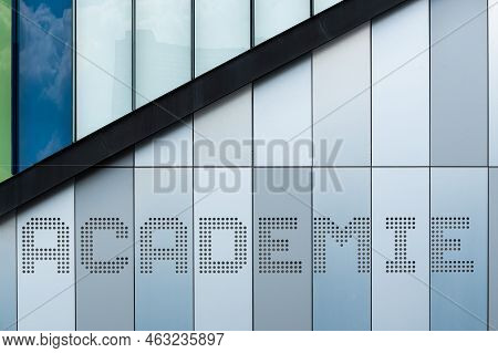 Dilbeek, Flemish Brabant Region, Belgium - 7 2 2021 Abstract Blue And Grey Colors And Lines With The