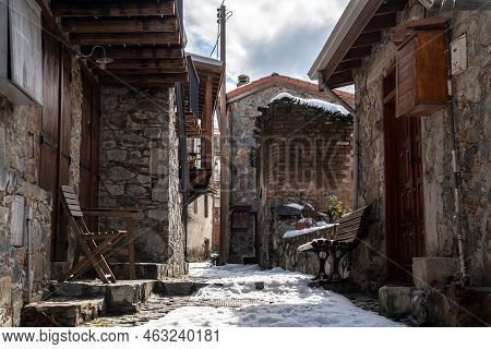 Snowy Street In Mountainous Village Of Askas. Nicosia District, Cyprus