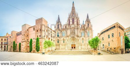 Panorama Of Square With Cathedral Church In Gotic Quarter Of Barcelona, Spain