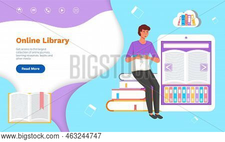 Online Digital Library Landing Page Template. E-book, Audiobook, Distance Education Concept Male Stu
