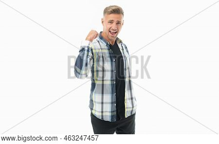 Winning Grizzled Guy In Checkered Shirt. Unshaven Guy Casual Style. Studio Shot Of Grizzled Guy