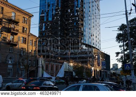 Kyiv, Ukraine - 10.10.2022. Russia's Military Aggression Against Ukraine. Business Center 101 Tower 