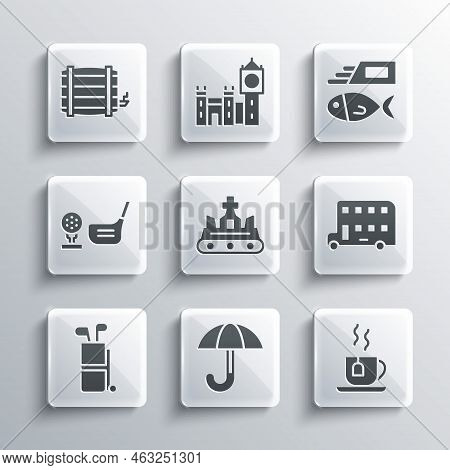 Set Umbrella, Cup Of Tea With Tea Bag, Double Decker Bus, British Crown, Golf Clubs, Ball On Tee, Wo