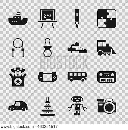 Set Photo Camera, Toy Piano, Train, Marker Pen, Baby Dummy Pacifier, Jump Rope, Boat And Building Bl