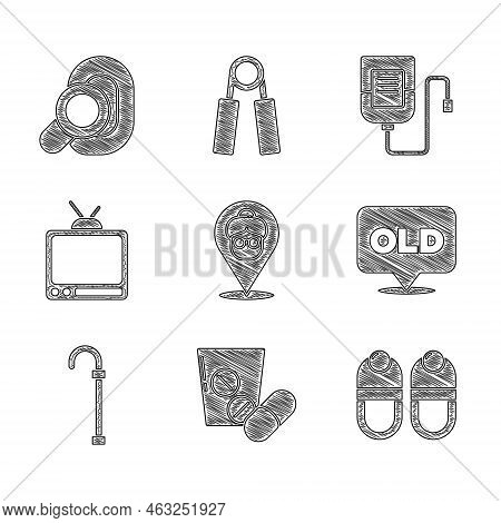 Set Nursing Home, Medicine Pill Or Tablet, Slippers, Walking Stick Cane, Retro Tv, Iv Bag And Hearin