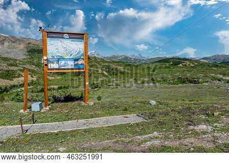 Sunshine Village, Alberta- Aug 7, 2022:  Trail Map At The Top Of Sunshine Village's Standish Chairli