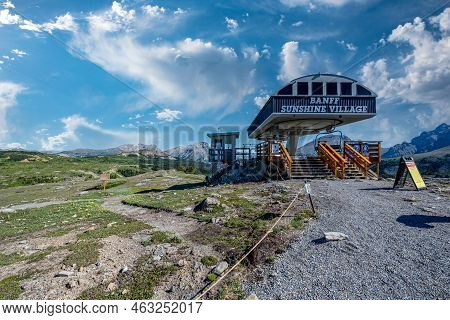 Sunshine Village, Alberta- Aug 7, 2022: The Top Of Sunshine Village's Standish Chairlift In The Summ