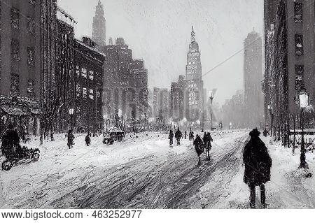 Snowy Winter Street Scene With Historic Buildings Along Washington