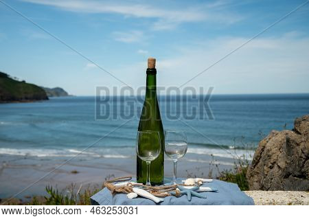 Tasting Of Txakoli Or Chacolí Slightly Sparkling Very Dry White Wine Produced In The Spanish Basque