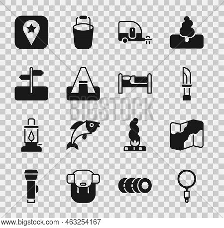 Set Magnifying Glass, Camping And Hiking On Map, Knife, Rv Trailer, Tourist Tent, Road Traffic Sign,