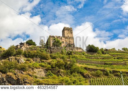 Castle Gutenfels In Romantic Rhine Valley Is A Winemaking Area In A Beautiful Summer Day, Germany