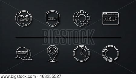 Set Line Telephone 24 Hours Support, Speech Bubble With Text Help, Browser Help, Time Management, Lo