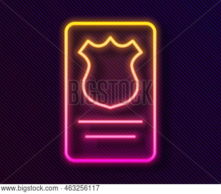Glowing Neon Line Police Badge With Id Case Icon Isolated On Black Background. Vector