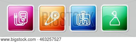 Set Line Multimeter, Timing Belt Kit, Gear Shifter And . Colorful Square Button. Vector