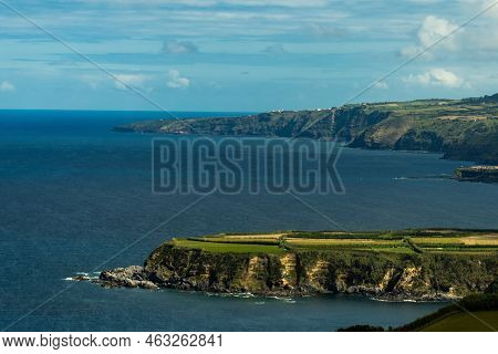 Panorama View To Coastline Of Sao Miguel Island From Santa Iria Viewpoint In Azores. Portugal