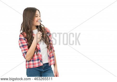 Happy Smiling Teen Girl Teener Wearing Funny Photobooth Party Glasses For Partying Entertaining
