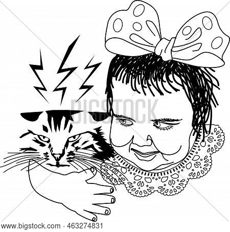 A Girl With A Bow Hugs A Disgruntled Cat