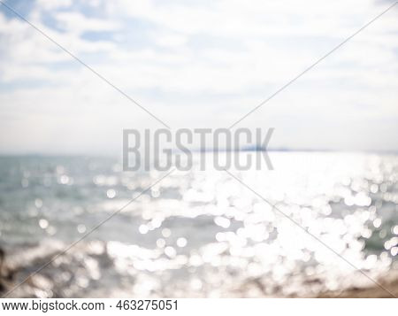 Abstract Blur Bokeh Sea Tropical Background,sunlight Day Overlight On Blured Water Ocean At Coast Ba
