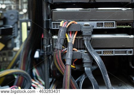 Very Dirty Wires With Connectors Are Connected To The Computer Hard Drive. Hdd And Ssd Disc. Old Col