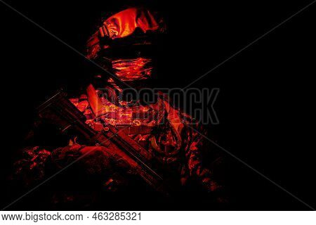 Armed Infantry With Hidden Face Standing During Combat, Counter Terrorist Night Raid, Protected Peri