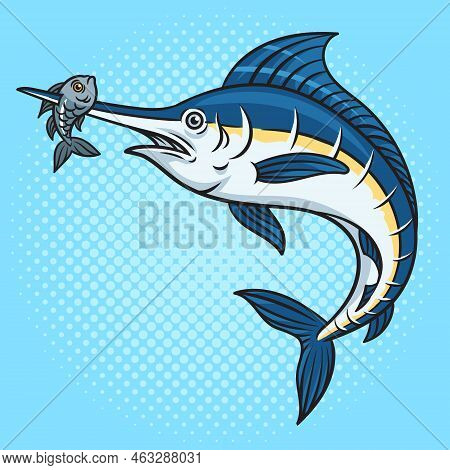 Marlin Swordfish With Fish Impaled On The Nose Pinup Pop Art Retro Vector Illustration. Comic Book S