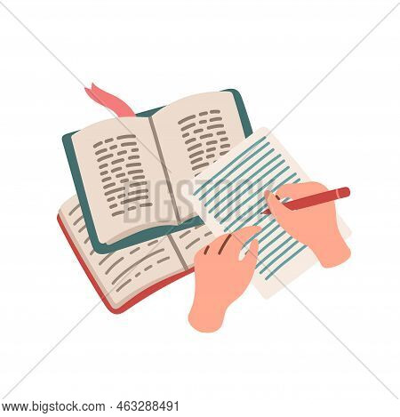 Top View Of Hands Are Writing In A Notebook At The Table With Opened Books. Studying, Doing Homework