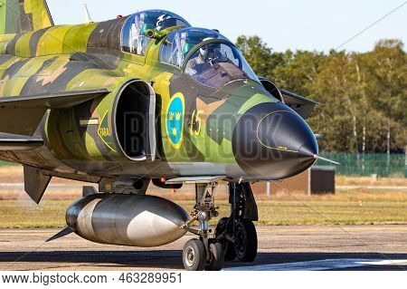 Former Swedish Air Force Saab 37 Viggen Fighter Jet Taxiing After Landing At Kleine-brogel Airbase. 