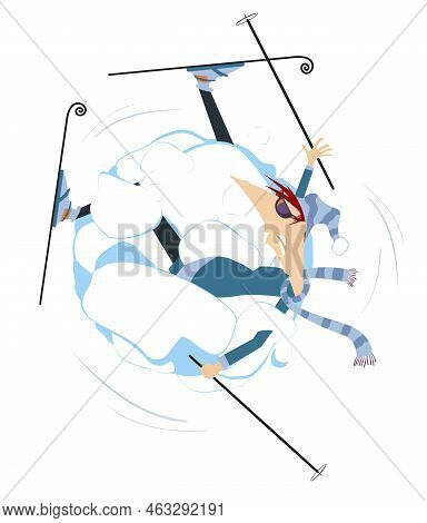 Illustration Of Cartoon Skier And A Big Snowdrift. 
A Falling Skier Rolls Inside A Large Snowdrift. 