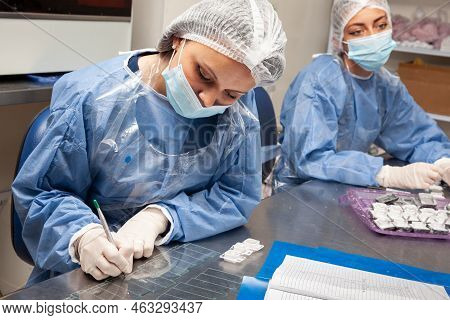 Scientist Preparing Paraffin Blocks Containing Biopsy Tissue For Sectioning. Pathology Laboratory. C