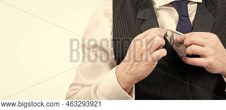 Man Hold Cash Isolated On White Background. Bribery And Corruption. Payday Concept. Horizontal Poste