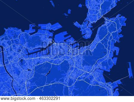 Detailed Map Poster Of Kitakyushu City Administrative Area. Blue Skyline Panorama. Decorative Graphi