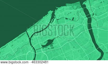 Dark Green Niigata City Area Vector Background Map, Roads And Water Illustration. Widescreen Proport