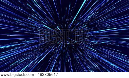 Blue Hyper Jump. Digital Hyperspace With Stars Explosion. Abstract Futuristic Speed Background. Dyna