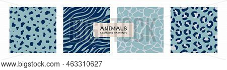 Set Of Trendy Seamless Patterns Of Blue Animal Prints. Abstract Stripes And Spots Similar To The Ski