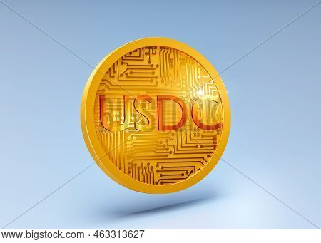 Usdc Cryptocurrency Coin. Gold Coin On A Blue Background Close-up. Stablecoin 3d Image