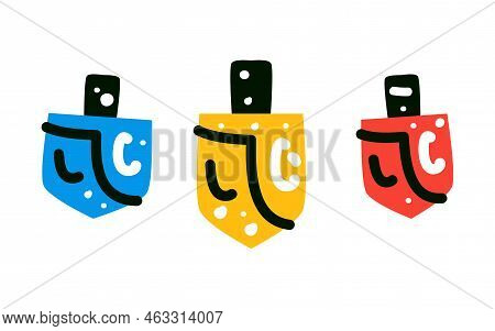 Vector Illustration Of A Series Of Hanukkah Dreidels, And Its Letters. Wooden Dreidels. Jewish, Hebr