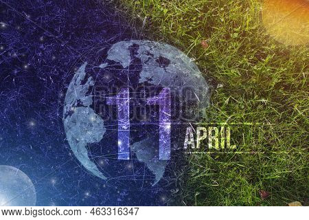 April 11st . Day 11 Of Month, Calendar Date. Day To Night Background Concept. Scene With Globe The G