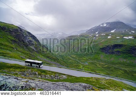 Skjolden, Norway - July 4, 2022: Beautiful View From The Oscarshaug Viewpoint Along National Scenic 