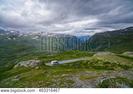 Skjolden, Norway - July 4, 2022: Beautiful View From The Oscarshaug Viewpoint Along National Scenic 