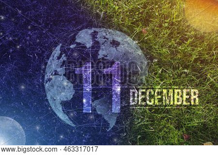 December 11st . Day 11 Of Month, Calendar Date. Day To Night Background Concept. Scene With Globe Th