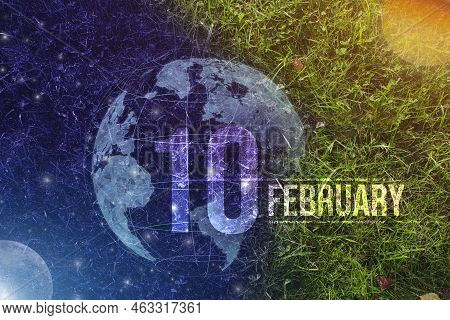 February 10th. Day 10 Of Month, Calendar Date. Day To Night Background Concept. Scene With Globe The