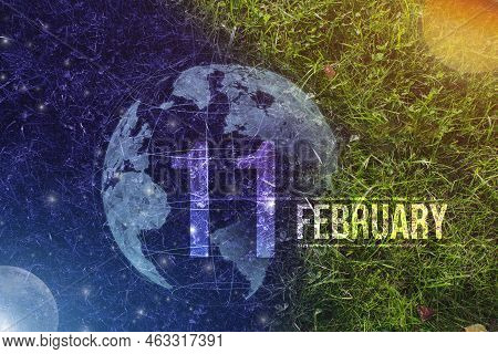 February 11st . Day 11 Of Month, Calendar Date. Day To Night Background Concept. Scene With Globe Th