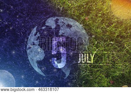 July 5th. Day 5 Of Month, Calendar Date. Day To Night Background Concept. Scene With Globe The Green