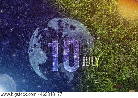 July 10th. Day 10 Of Month, Calendar Date. Day To Night Background Concept. Scene With Globe The Gre