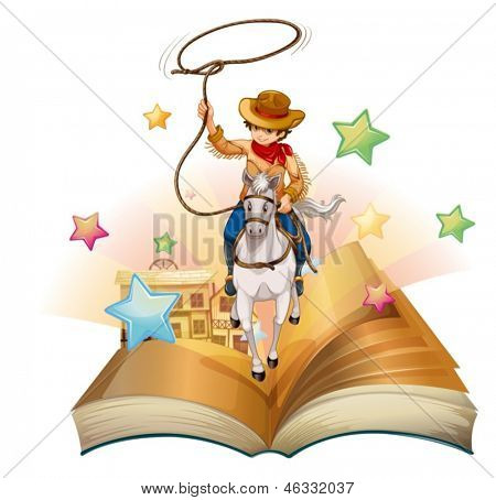 Illustration of a book with a cowboy holding a rope on a white background